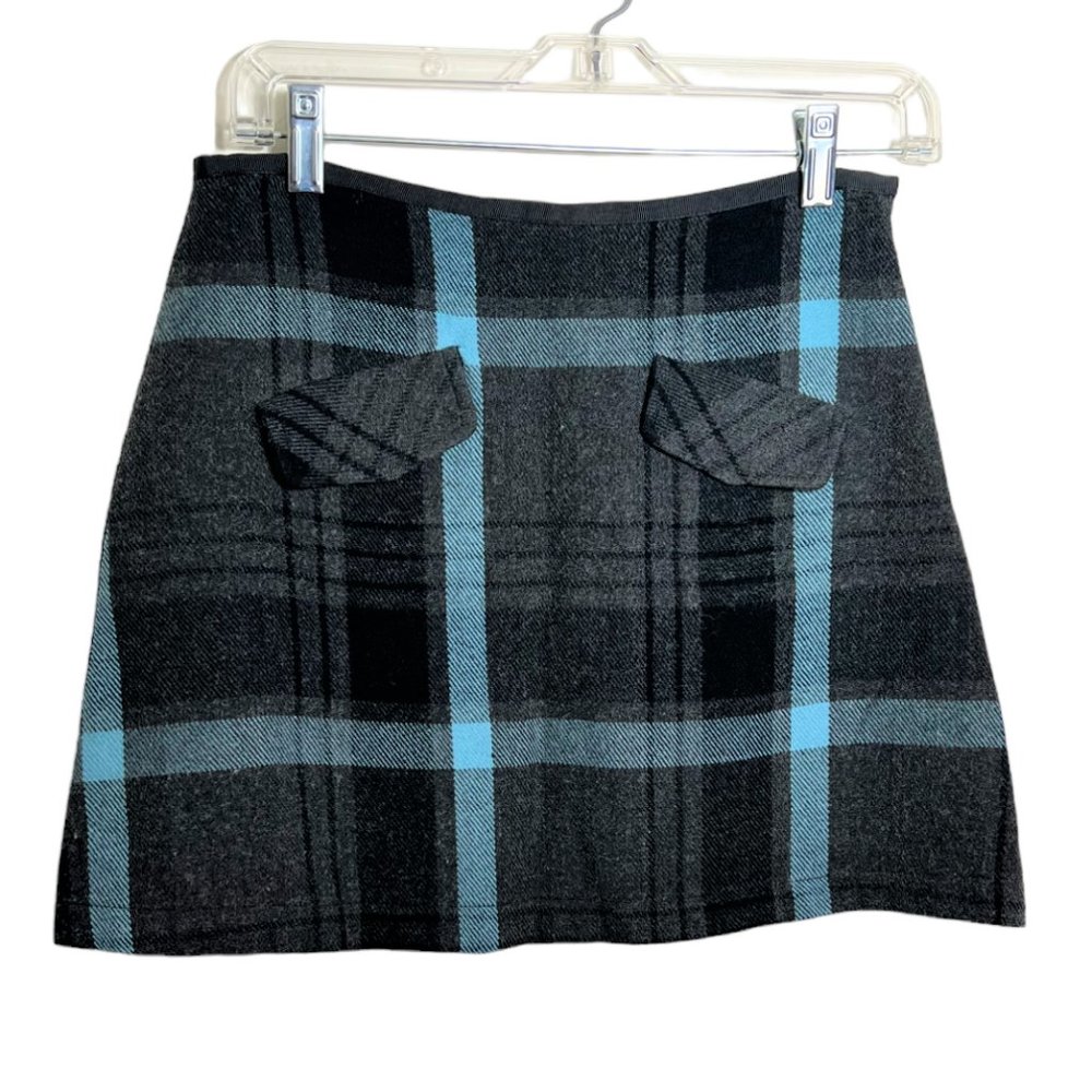 Evolution Not Revolution Lined Teal & Charcoal Plaid 2 Pocket Mini Skirt, Size 5